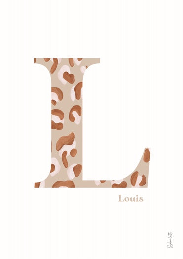 Affiche beige blanc lettre prénom - illustration léopard lettre
