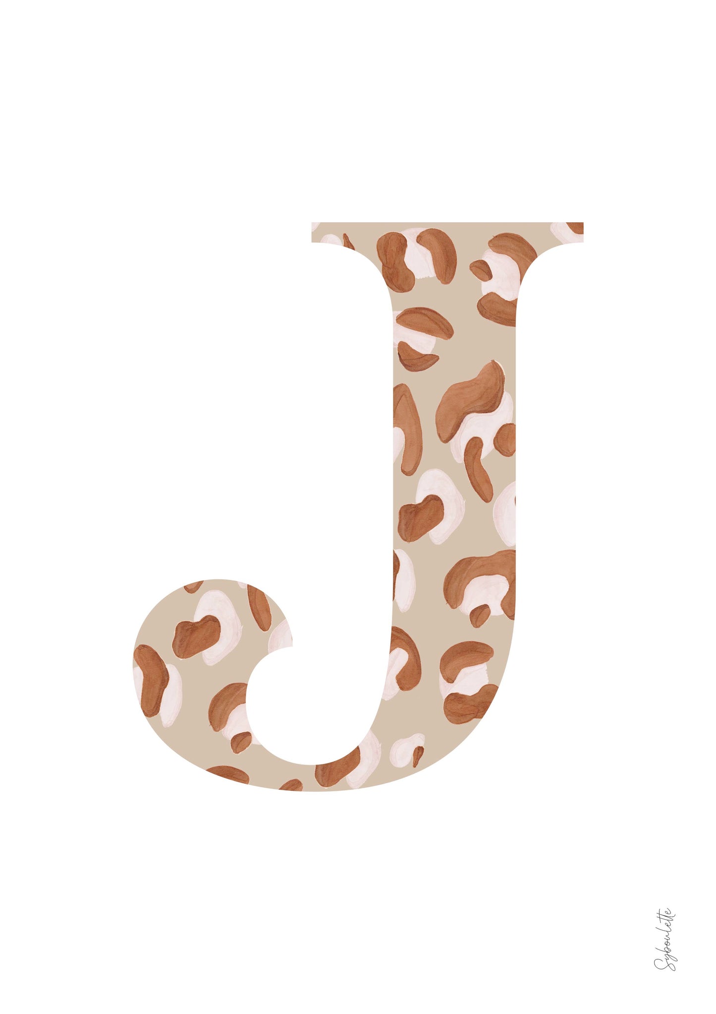 Affiche beige blanc lettre prénom - illustration léopard lettre